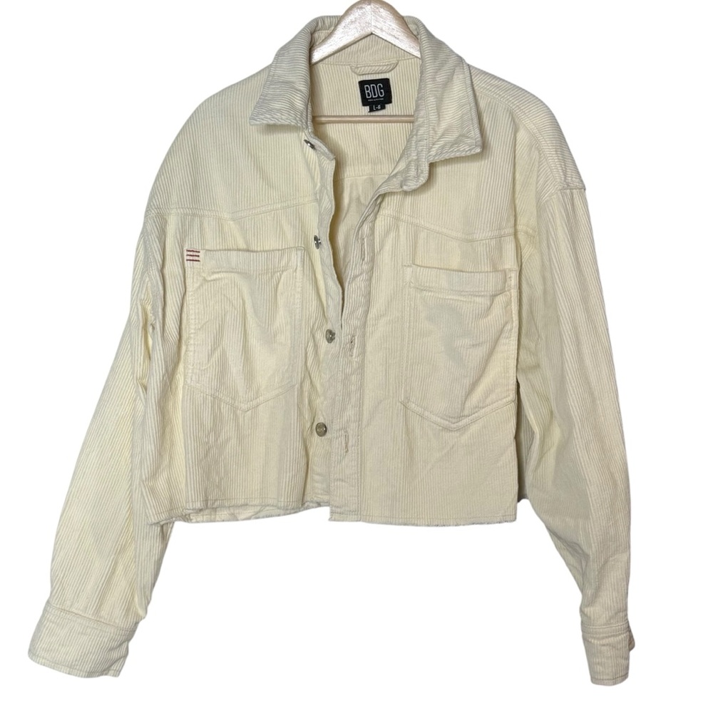 Urban Outfitters BDG Coruduroy Cropped Boxy Jacket Size L Ivory Frayed Hem BOHO